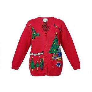 Quacker Factory Christmas Sweater Cardigan Embroidered Tree Santa Red Size L